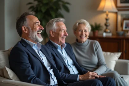Famille souriante dans un salon élégant et chaleureux