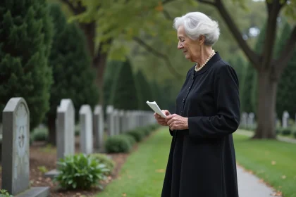 Femme âgée en noir dans un cimetière paisible