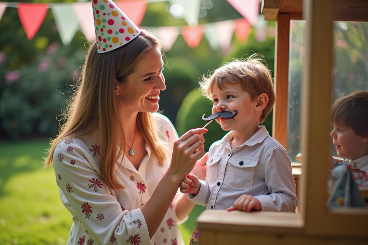 Femme aidant un garçon avec un masque lors d