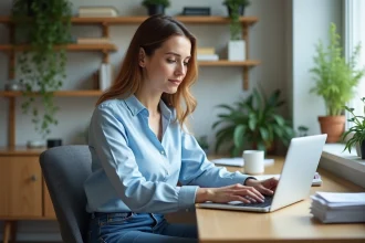 Femme au bureau regardant un site web Maficheclasse