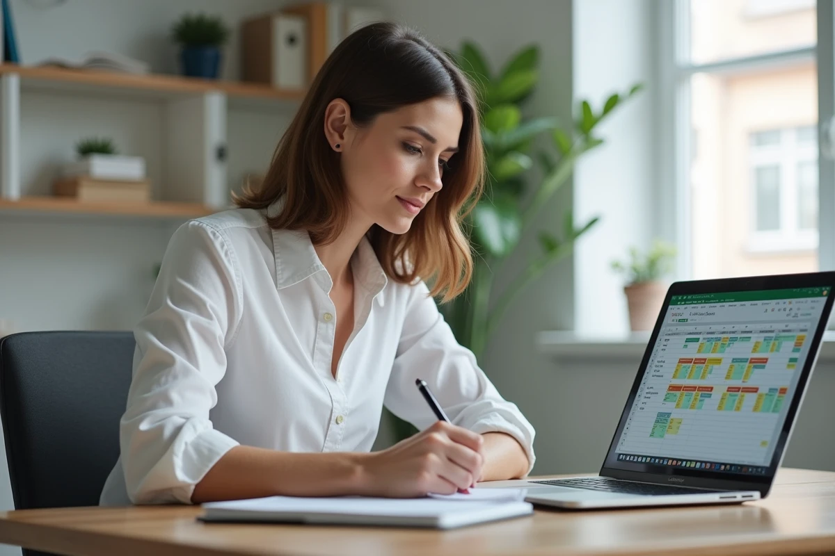 Femme au bureau concentrée sur un ordinateur avec calendrier coloré