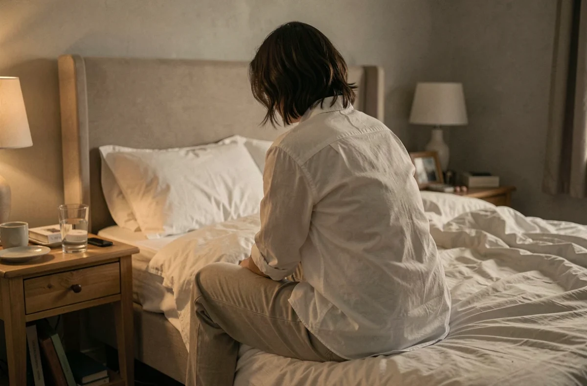Femme assise seule au bord du lit, posture repliée sur elle-même, symbolisant la souffrance silencieuse et la perte d'estime de soi liées à un conjoint alcoolique