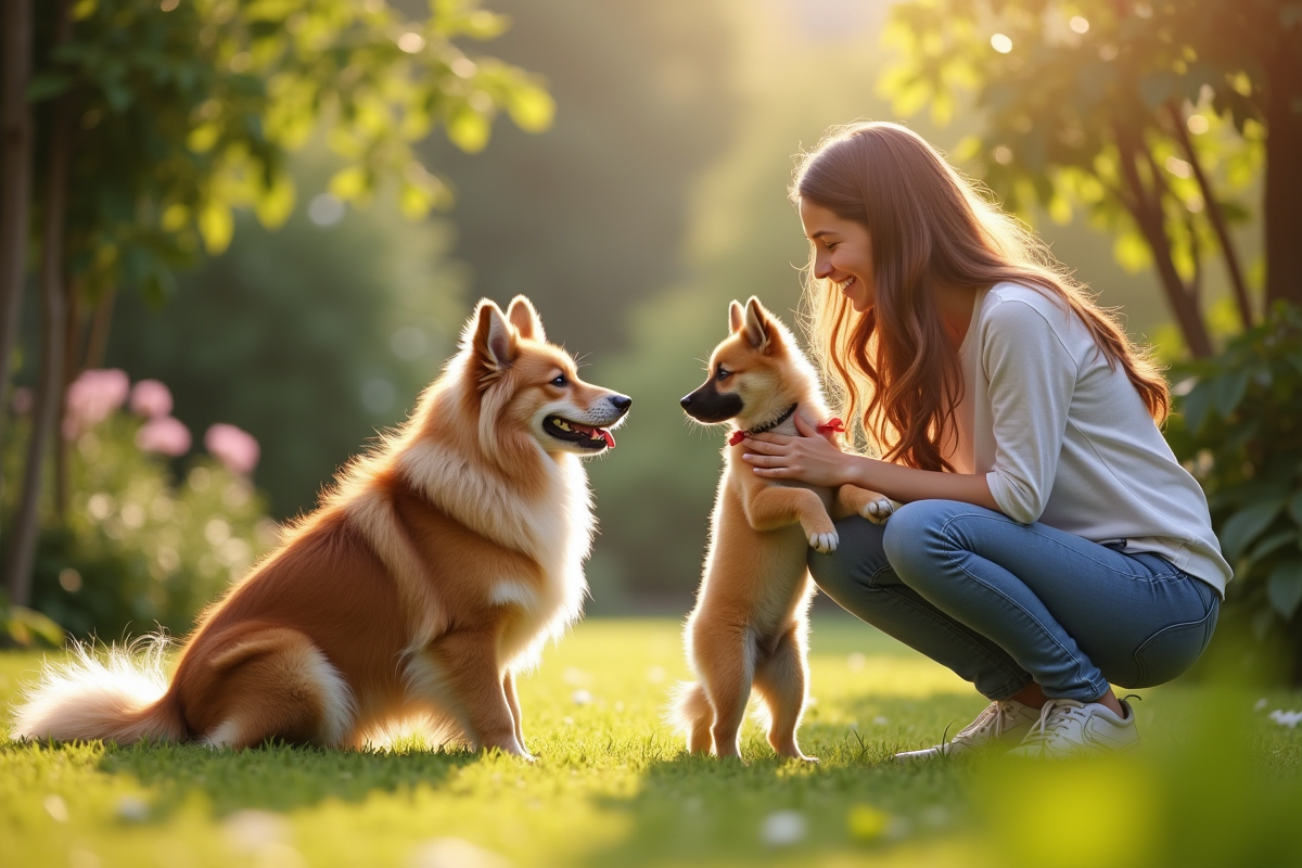 Jeune femme présentant un chiot Spitz allemand à un chien plus âgé dans le jardin