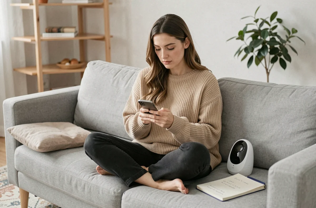 Femme en congé parental consultant son téléphone avec un carnet de notes sur le canapé
