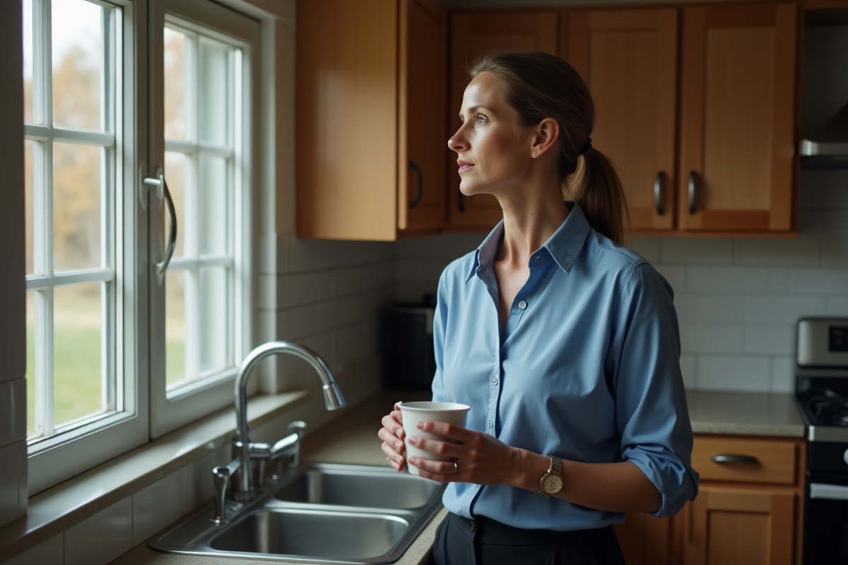 Femme dans une cuisine regardant par la fenetre en pleine reflexion
