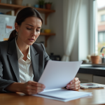Femme d'affaires examinant des documents dans une cuisine modeste