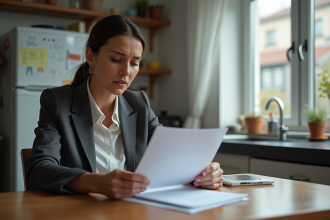 Femme d'affaires examinant des documents dans une cuisine modeste