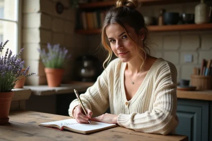Femme écrivant un poème dans un carnet pour sa marraine dans une cuisine de campagne chaleureuse