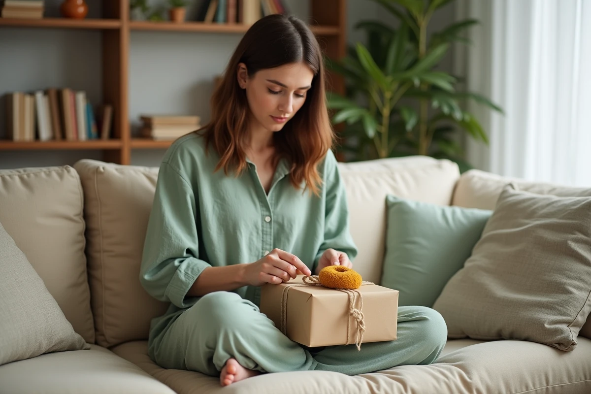 Femme préparant un cadeau naissance mixte avec papier kraft et ruban jute dans un salon chaleureux