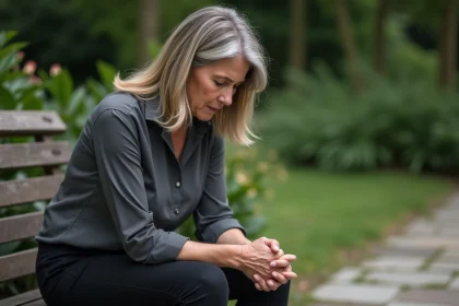 Femme en deuil assise dans un jardin paisible, exprimant une profonde tristesse et recueillement