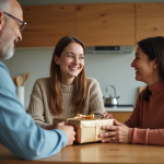 Femme jeune offrant un cadeau à ses parents dans la cuisine