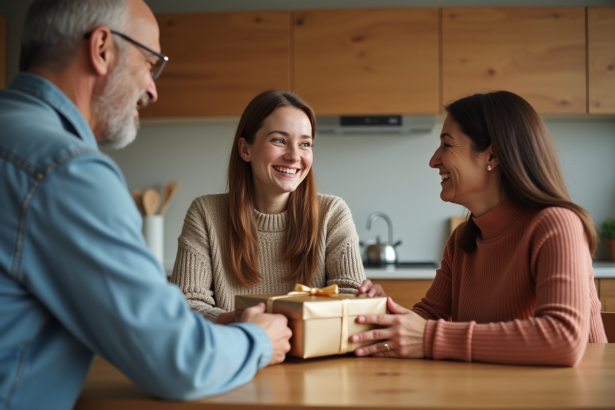 Femme jeune offrant un cadeau à ses parents dans la cuisine