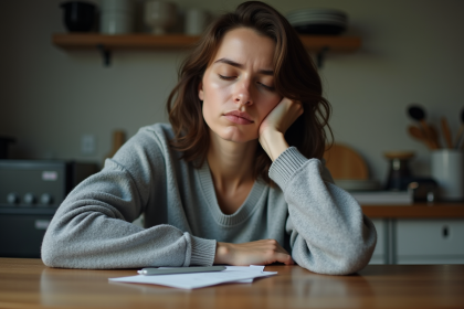Femme fatiguée assise à la cuisine dans un cadre quotidien