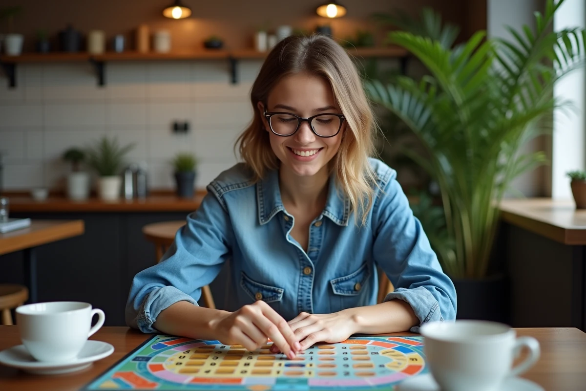 Jeune femme examine un jeu Trivial Pursuit au café