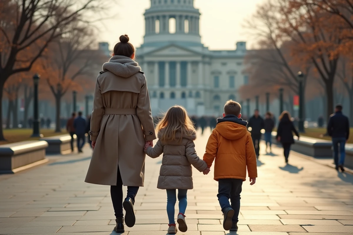 Journaliste avec ses enfants dans un parc urbain matin
