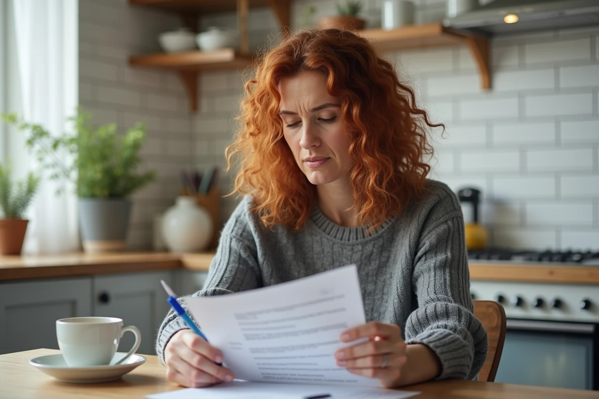Femme relisant seule une lettre de renonciation à la soulte lors d'un divorce à son domicile