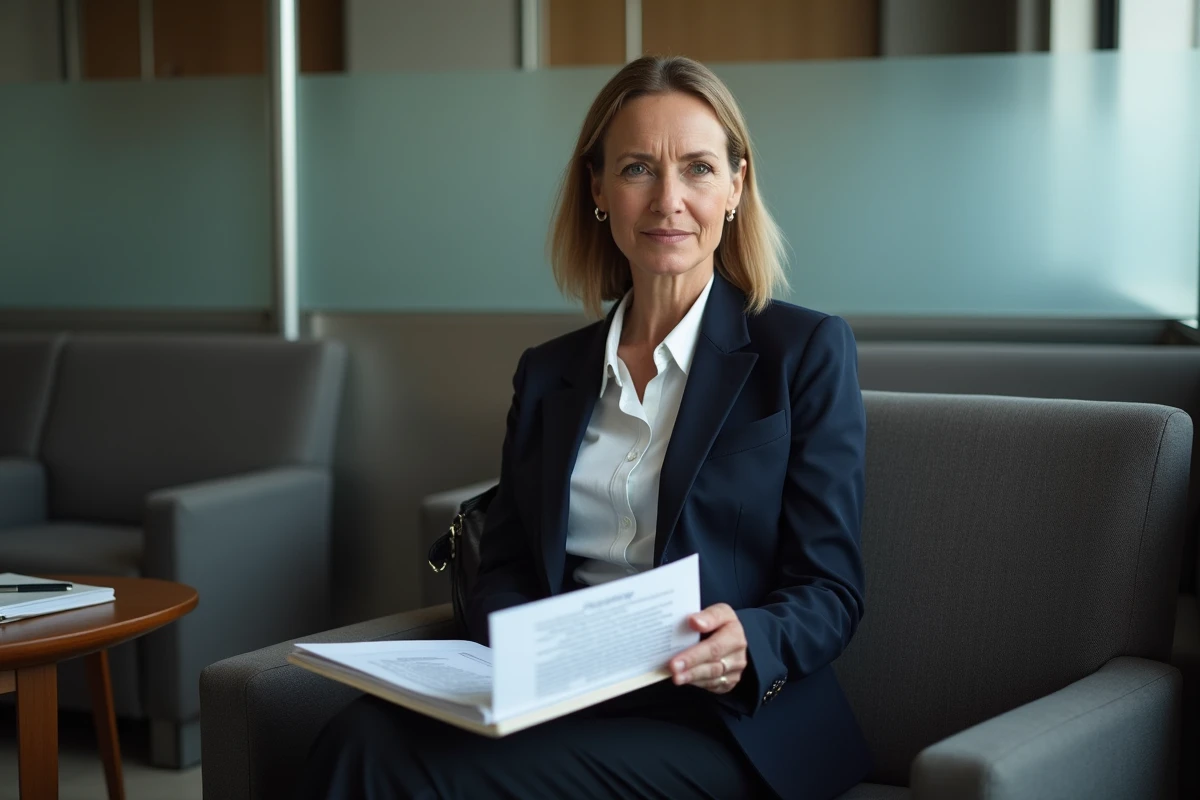 Femme seule dans une salle d'attente de notaire tenant des documents de divorce pour un changement de nom d'usage