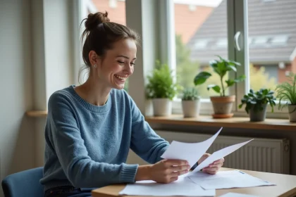 Femme souriante dans sa cuisine avec documents
