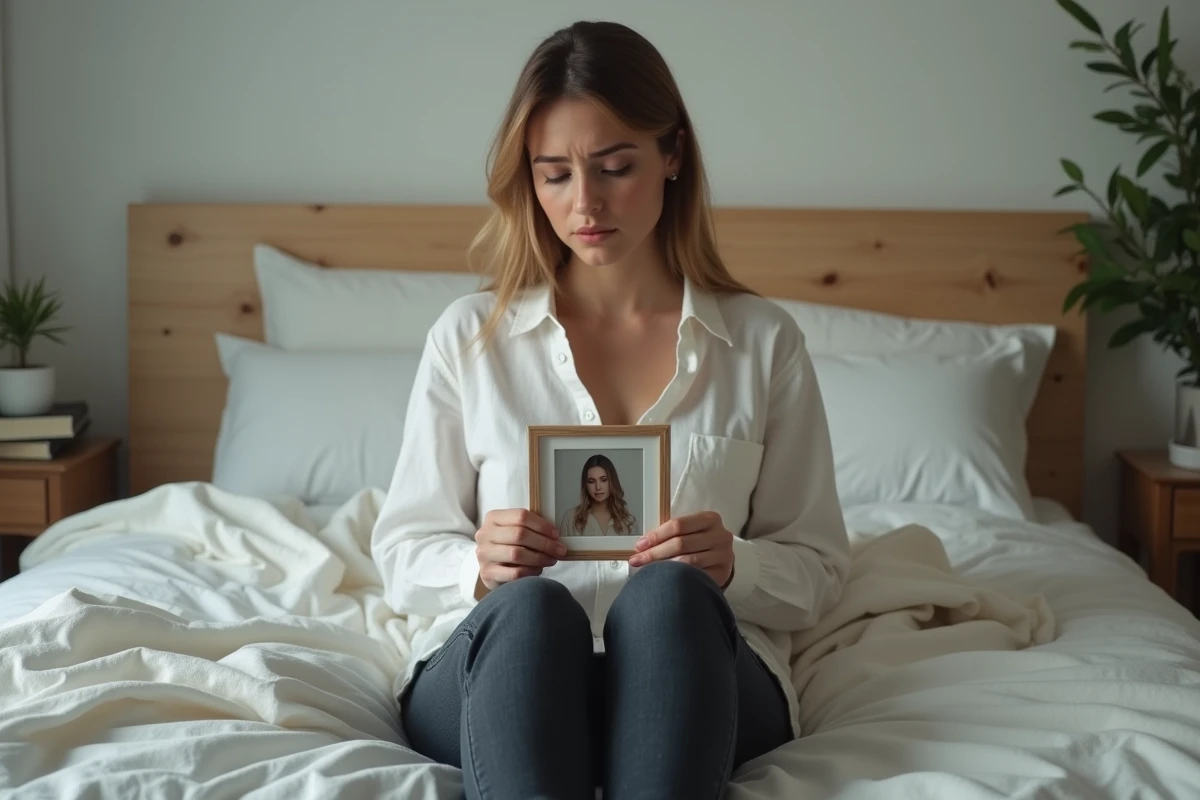 Jeune femme assise sur un lit tenant une photo encadrée contre sa poitrine, exprimant la douleur du deuil et la culpabilité liée à l'anniversaire d'un décès