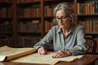 Femme étudiant un document généalogique ancien dans une bibliothèque historique pour retracer l'origine de son patronyme