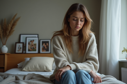 Femme assise pensant dans une chambre moderne
