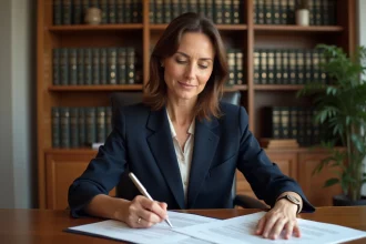 Femme consultant une lettre de renonciation à la soulte lors d'un divorce dans un bureau notarial