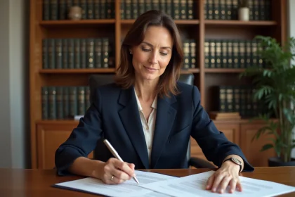 Femme consultant une lettre de renonciation à la soulte lors d'un divorce dans un bureau notarial