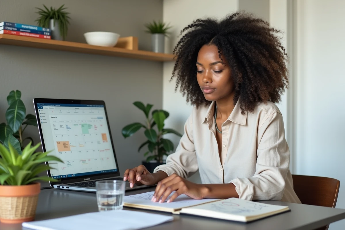 Femme réunionnaise consultant un calendrier scolaire 2026 sur ordinateur portable pour organiser ses congés