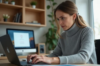 Femme concentrée vérifiant ses paramètres de sécurité en ligne