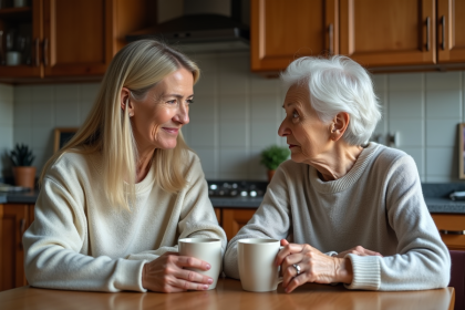 Femme d'âge moyen et femme âgée discutant à la cuisine
