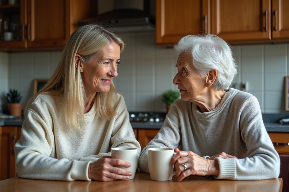 Femme d'âge moyen et femme âgée discutant à la cuisine
