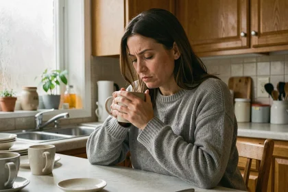 Femme seule à la table de cuisine, regard perdu, illustrant l'impact émotionnel du comportement d'un conjoint alcoolique sur l'estime de soi