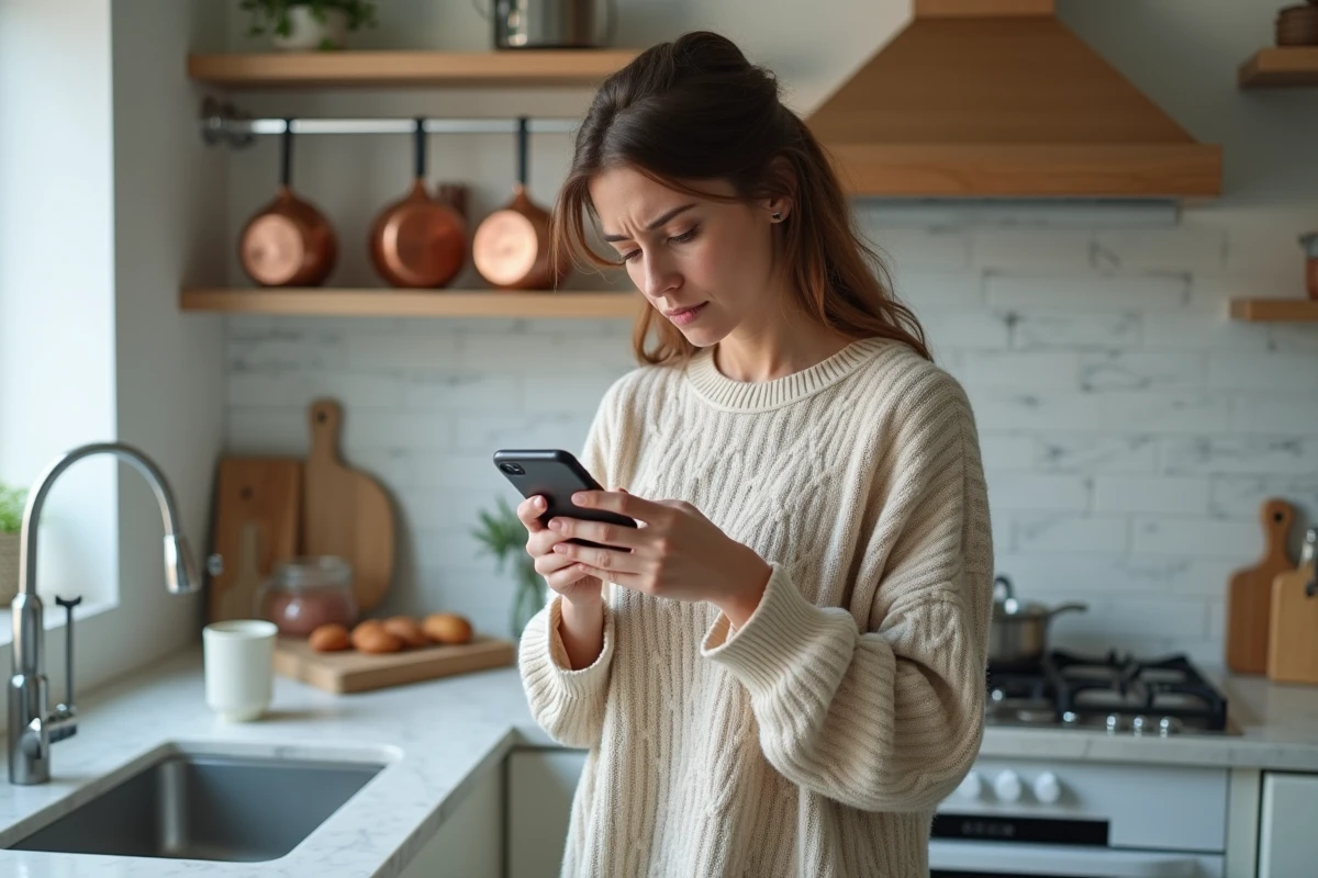 Femme seule dans une cuisine attendant un message sur son téléphone après une dispute, expression inquiète, signe d'alerte dans la communication de couple