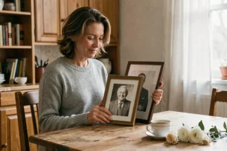 Femme adulte tenant une photo encadrée de son père décédé avec une expression douce et mélancolique, assise à une table en bois chez elle