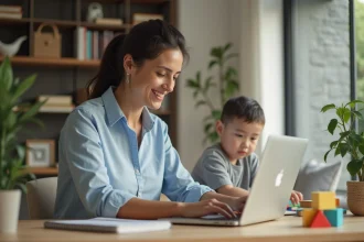 Femme souriante travaillant à son bureau avec un enfant en arrière-plan