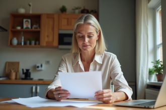 Femme réfléchie étudiant des papiers dans la cuisine