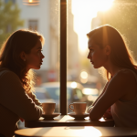 Deux femmes au café avec tension et lumière naturelle