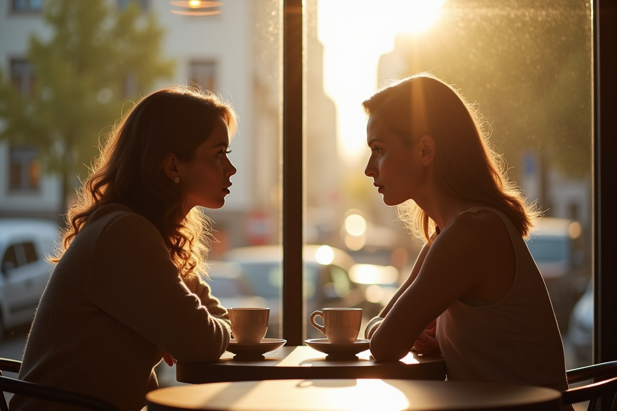 Deux femmes au café avec tension et lumière naturelle