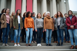 Groupe de femmes diverses devant un bâtiment officiel
