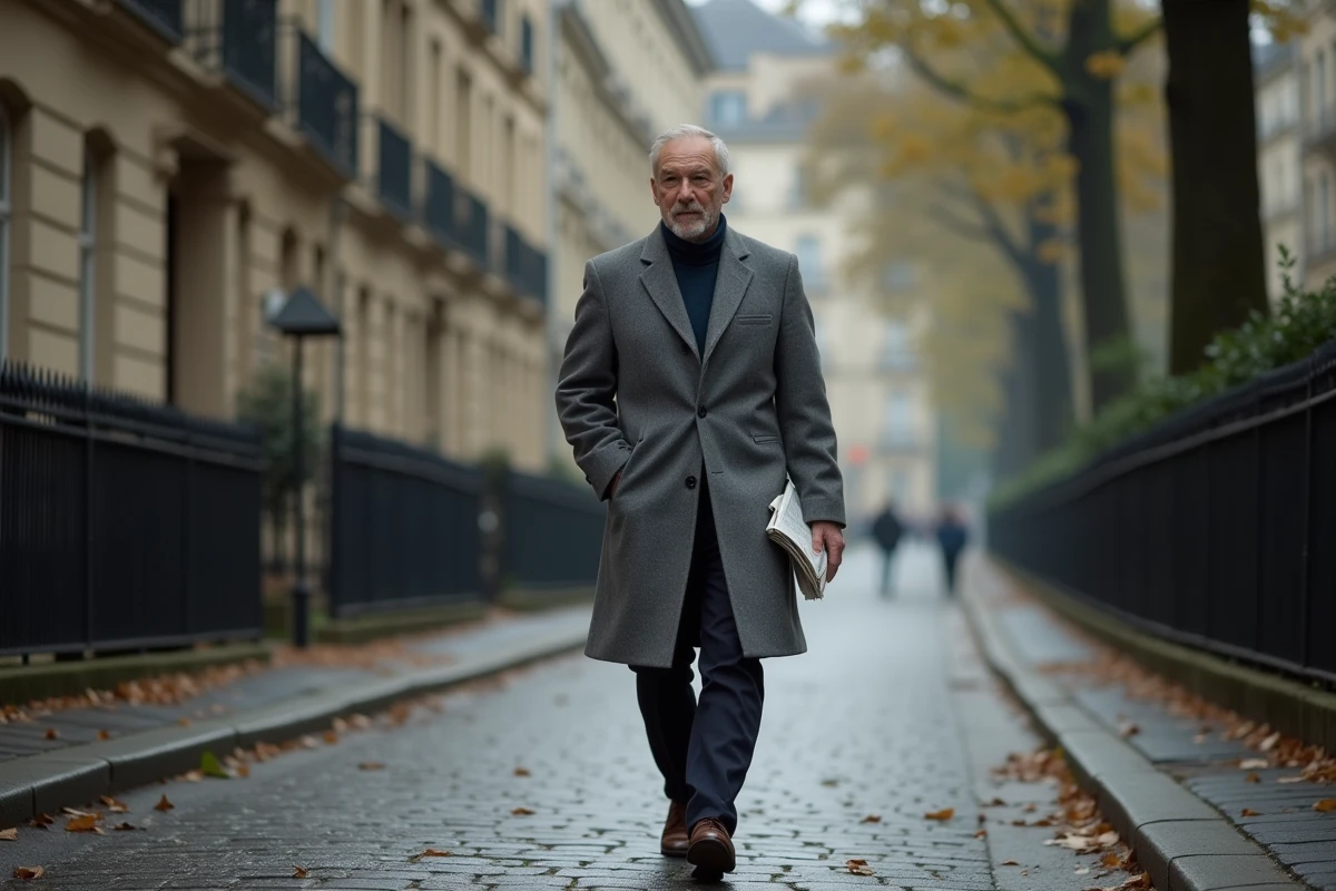 Homme marchant dans une rue parisienne haussmannienne, illustrant la discrétion d'une figure publique dans sa vie privée