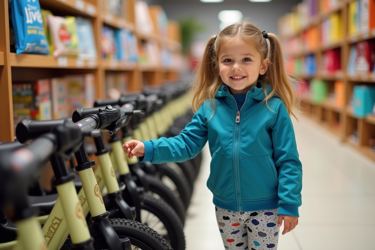 Fille découvrant un vélo 50 piwis en magasin