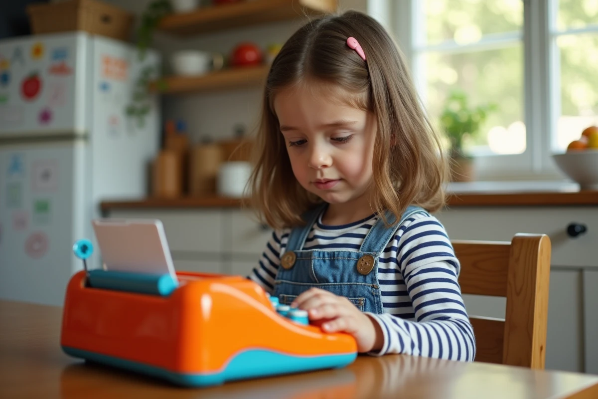 Jeune fille de 7 ans utilisant une machine à écrire colorée