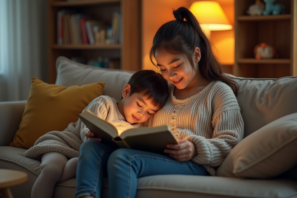 Jeune fille lisant une histoire à un garçon sur le sofa