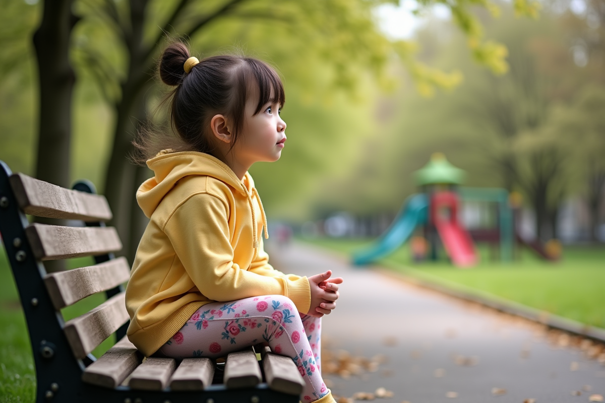 Fille de 7 ans assise sur un banc de parc au printemps