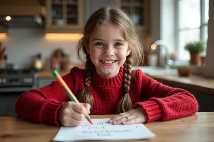 Fille souriante de 7 ans écrivant une lettre de Noël