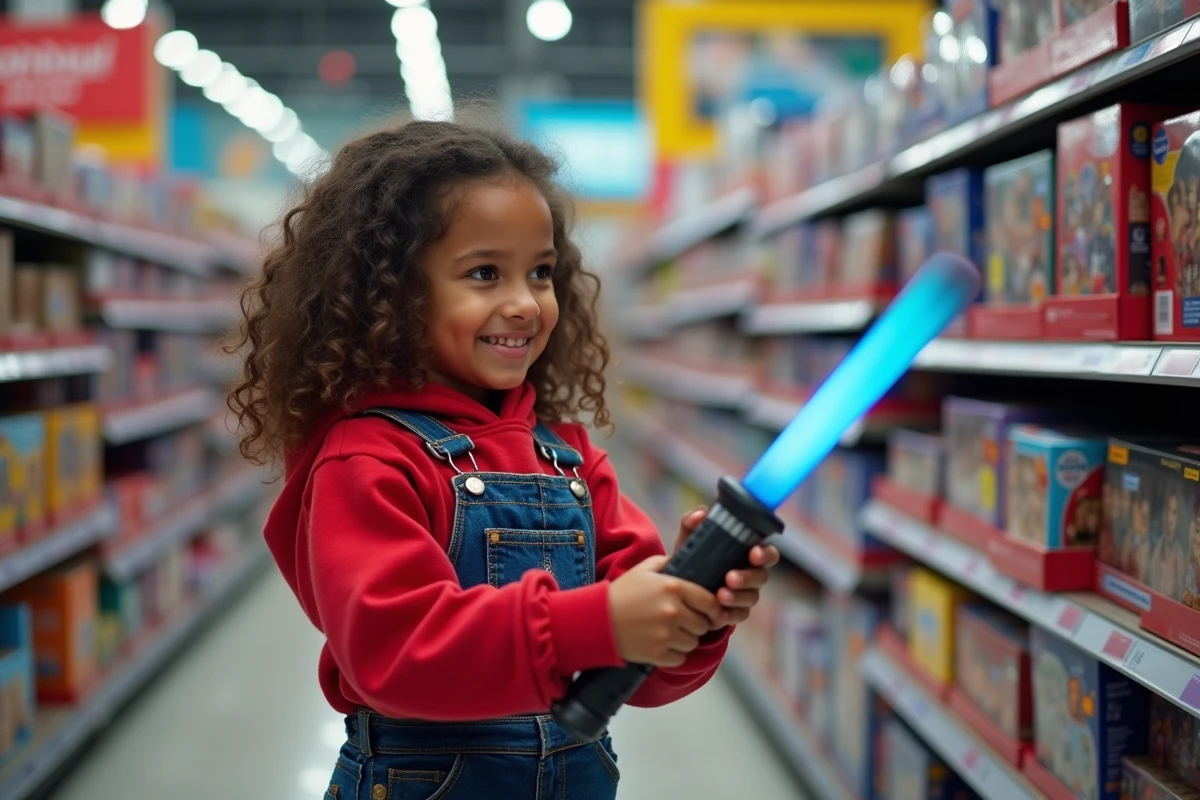 Fille de 9 ans testant un lightsaber dans un magasin de jouets