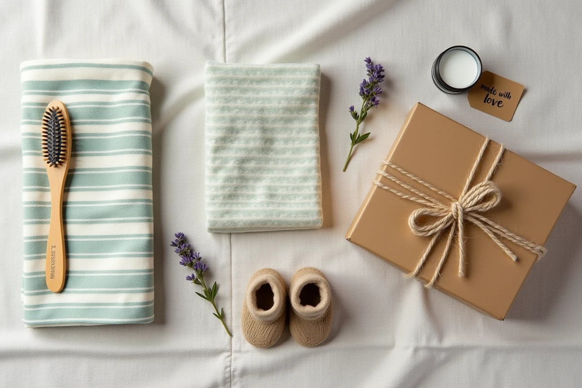 Flat lay de cadeaux naissance zéro déchet et éco-responsables disposés sur une nappe en lin naturel