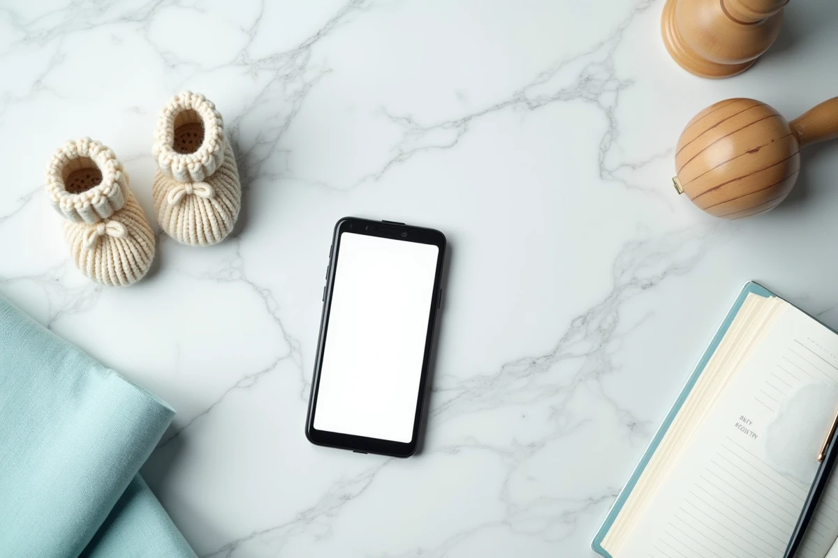 Flatlay soigné avec smartphone affichant une liste de naissance en ligne et accessoires bébé sur marbre blanc