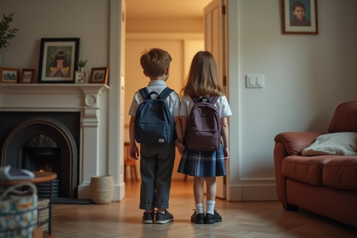 Deux enfants en uniforme scolaire dans un salon familial