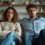 Frères adultes assis sur un canapé évitant le regard